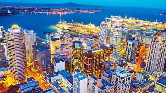 A bird's eye view of Auckland at night time.