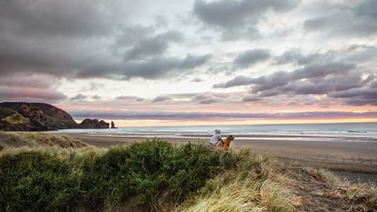 A landscape shot of a boy and his dog calmly sitting on the beach as the weather becomes Turbulent.