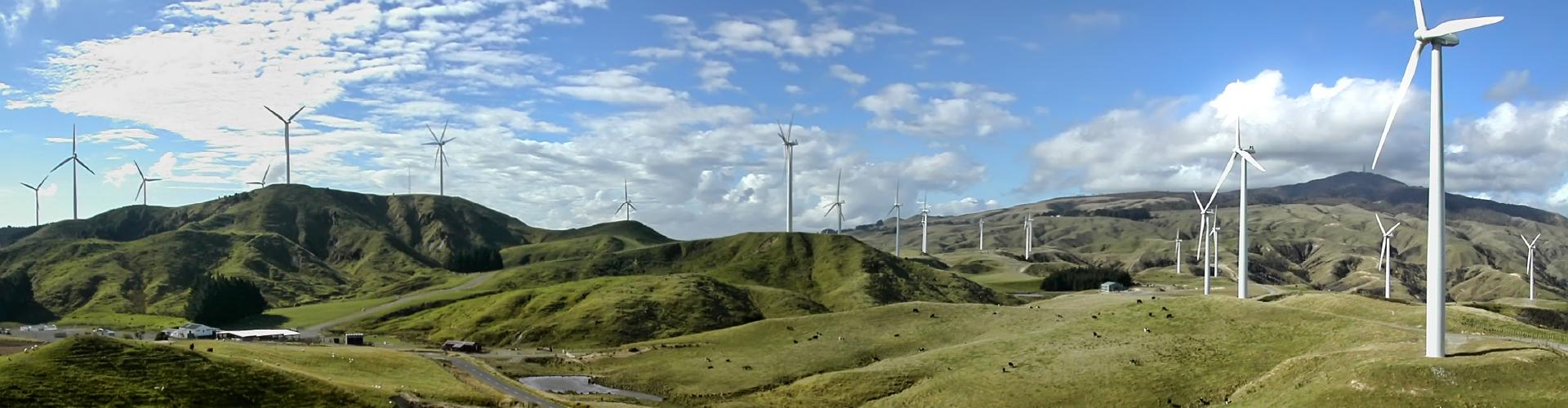 A wide angle of a wind farm in Palmerston North.